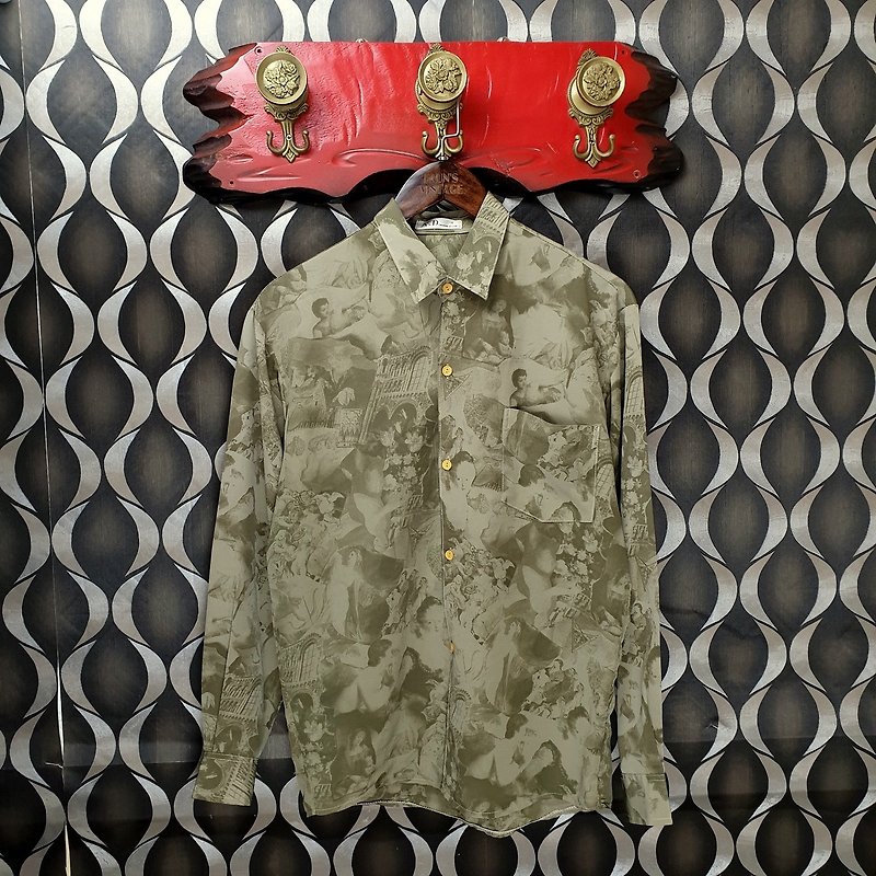 小龟葛葛-日本-宫廷油画人物灰绿色古着衬衫 - 男装衬衫 - 其他人造纤维 