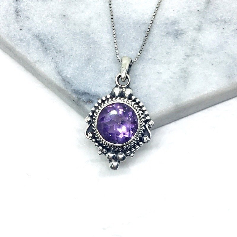 紫水晶925纯银巴洛克风格项链 尼泊尔手工镶嵌制作 - 项链 - 宝石 紫色