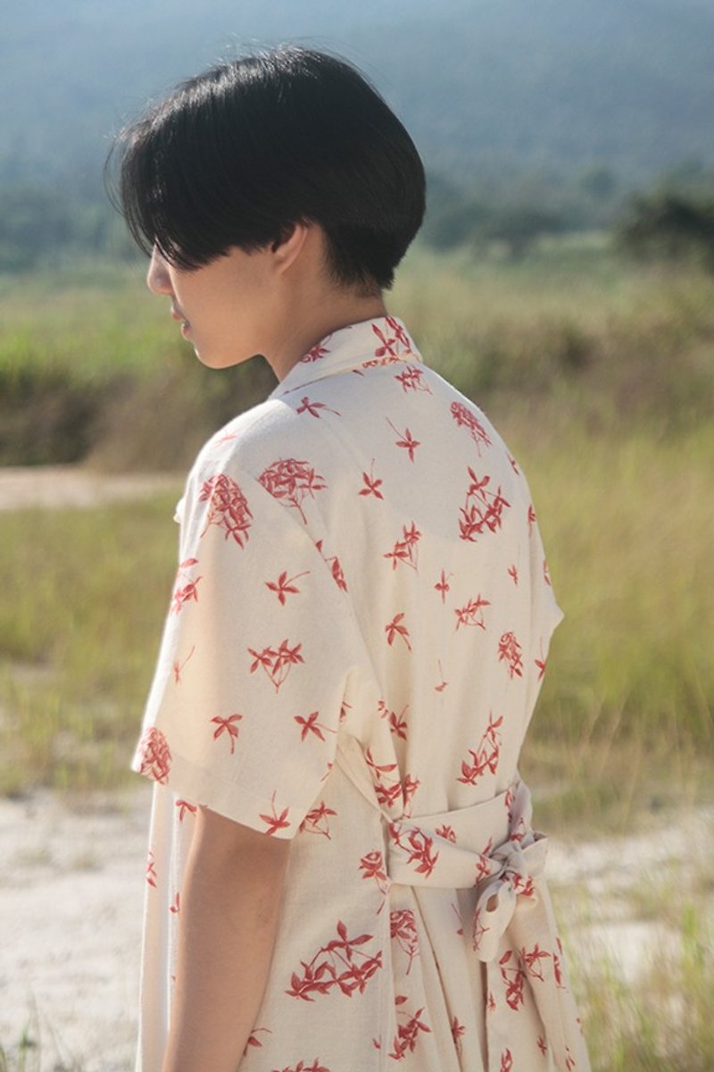 linnil: flower maxi shirt dress / robe dress - 洋装/连衣裙 - 棉．麻 红色