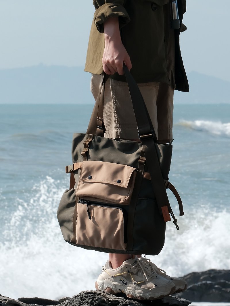 户外托特包 手提袋  环保再生防水面料多口袋机能收纳 军绿色 - 手提包/手提袋 - 防水材质 绿色