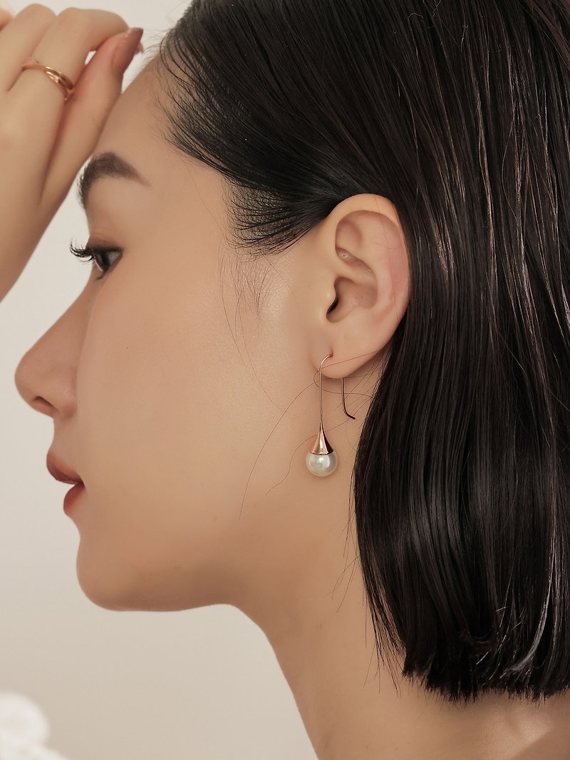水滴珍珠。白钢耳环 - 耳环/耳夹 - 不锈钢 金色