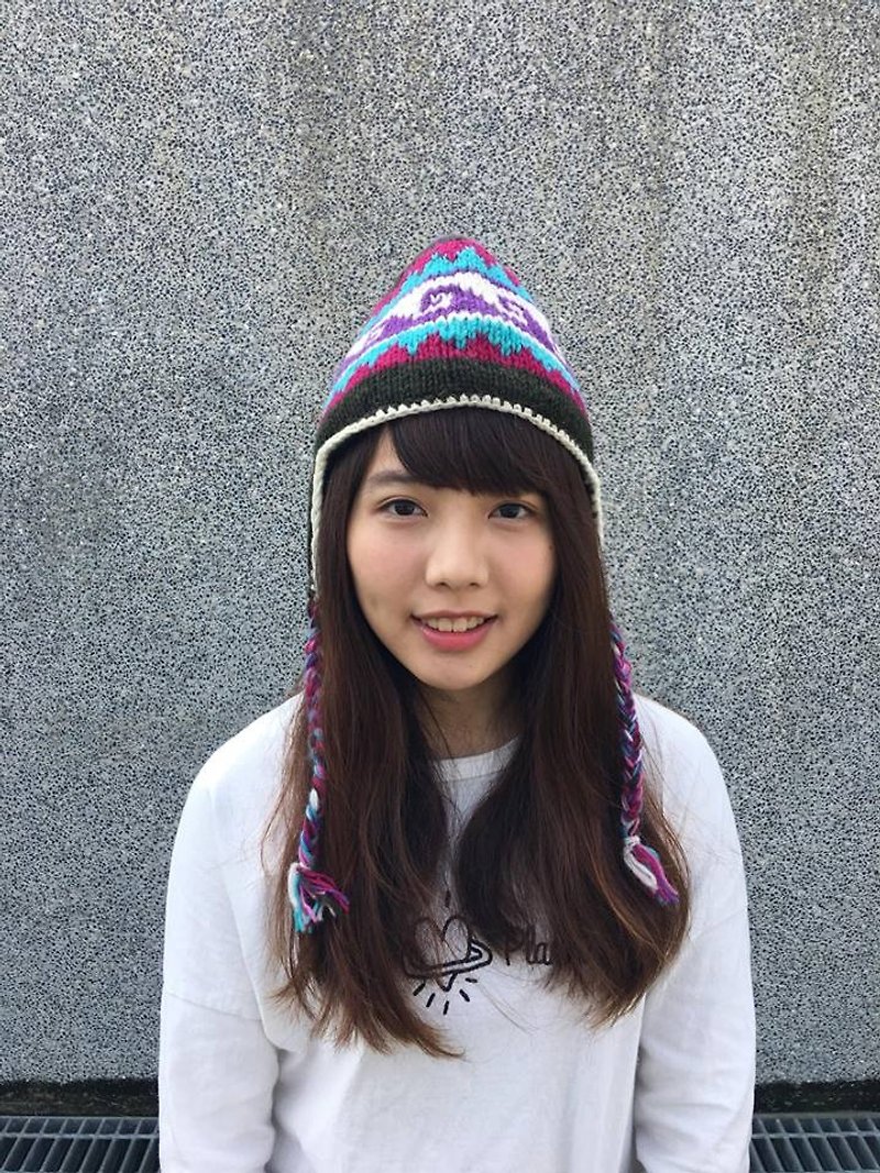 羊毛 帽子 多色 - 尼泊尔100%wool手工厚针织羊毛帽-蓝x紫x红配色