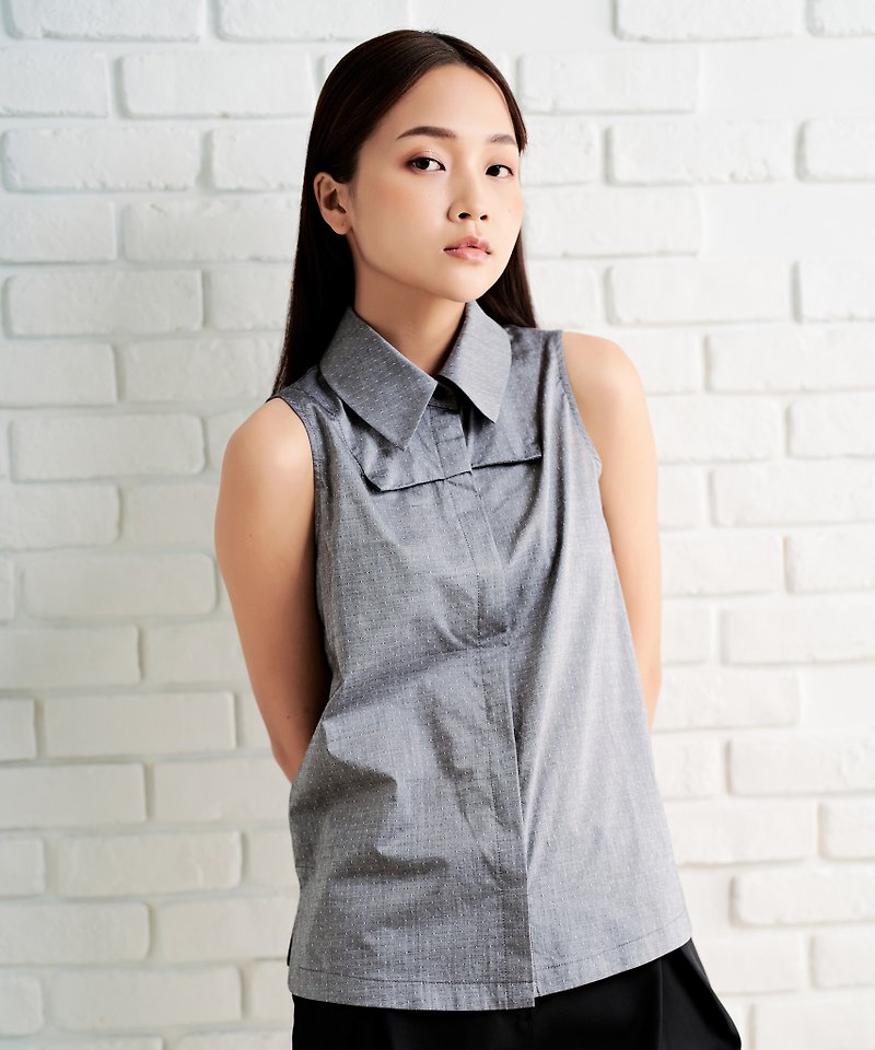 无袖开岔衬衫-日本纯棉灰色布料 - 女装衬衫 - 棉．麻 灰色