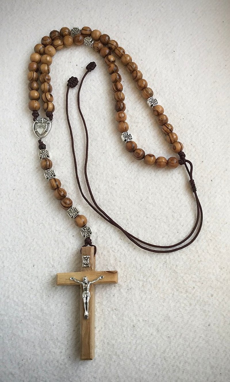 以色列进口橄榄木耶稣圣像结合圣心配铁十字架念珠(8mm) 8230807 - 项链 - 木头 咖啡色