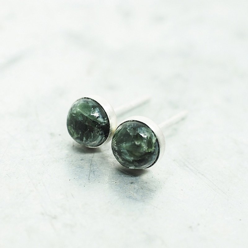 Green Seraphinite Earrings, Sterling Silver, 6mm Round, Angel Stone - 耳环/耳夹 - 其他金属 绿色