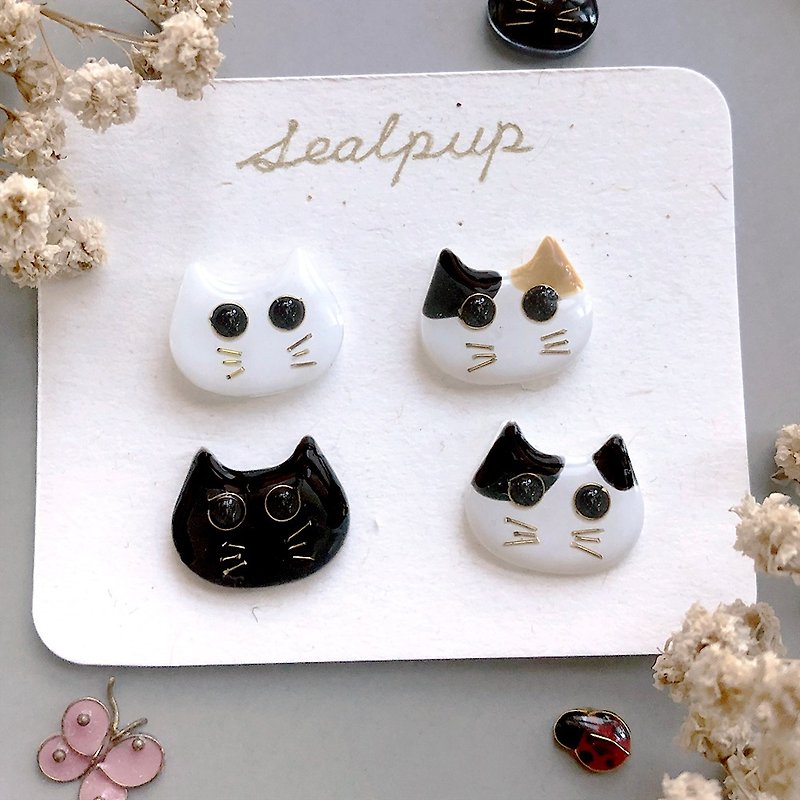 三花 / 乳牛 / 黑猫 / 白猫猫咪耳环  (附饰品礼盒) - 耳环/耳夹 - 树脂 白色