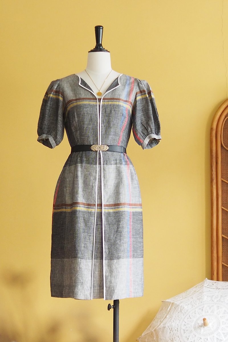 古著洋裝 | Size L | Grey woven pattern soft fabric - 洋装/连衣裙 - 聚酯纤维 灰色