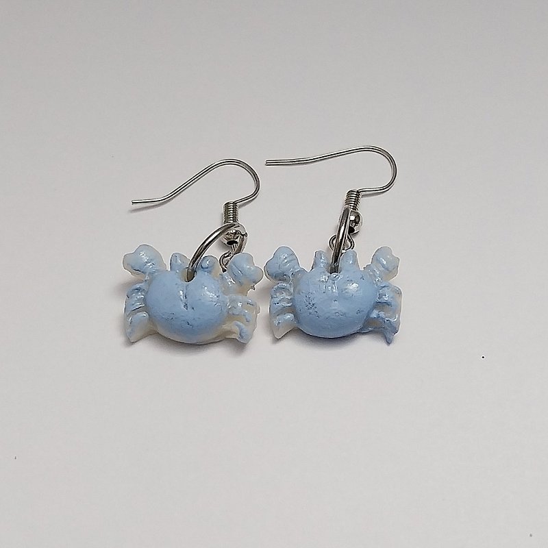 螃蟹耳环，白，蓝，手工制作 - 耳环/耳夹 - 粘土 蓝色