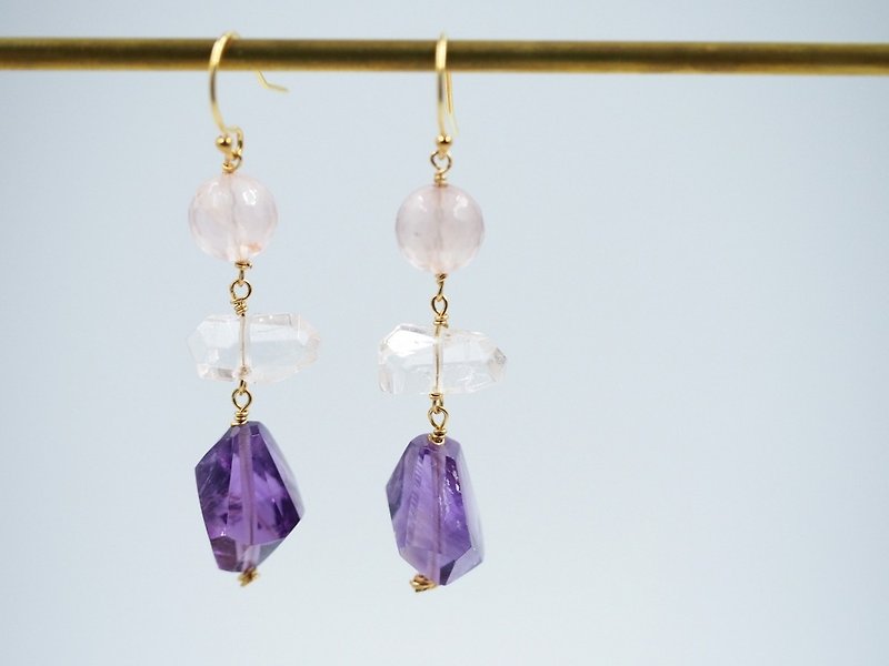 【玛雅塔拉】14KGF 天然紫水晶耳环 摩根石 粉晶 - 耳环/耳夹 - 半宝石 紫色