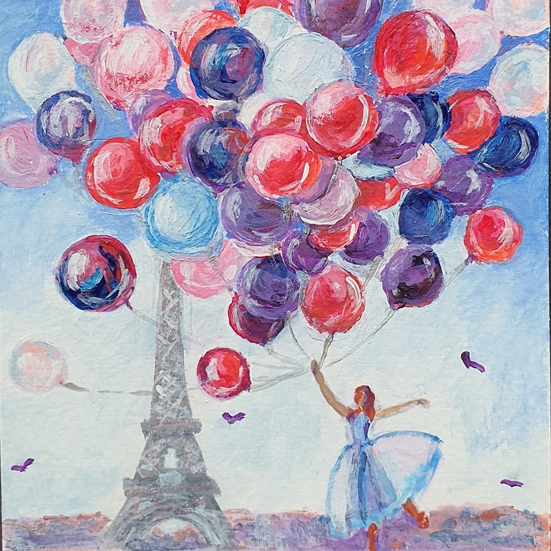 明信片艾菲尔铁塔绘画芭蕾舞女演员气球巴黎原创艺术品法国 - 海报/装饰画/版画 - 其他材质 多色