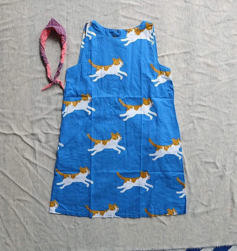 Joyful Cat printed sack Dress - 洋装/连衣裙 - 棉．麻 蓝色