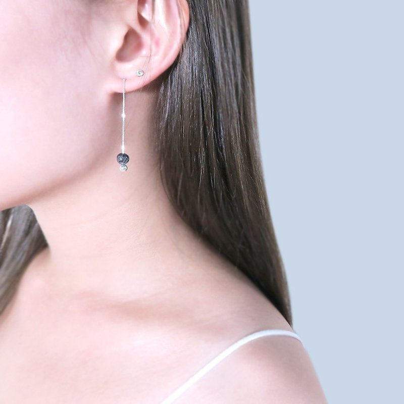 黑发晶 威尼斯长链耳环(大)-925纯银天然石耳环 - 耳环/耳夹 - 纯银 银色