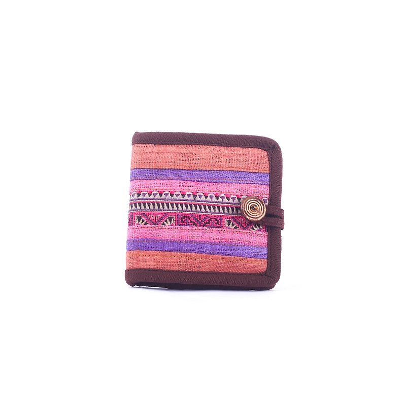 Eco short hemp wallet embroidery craft women wallet, cute wallet - 化妆包/杂物包 - 棉．麻 咖啡色