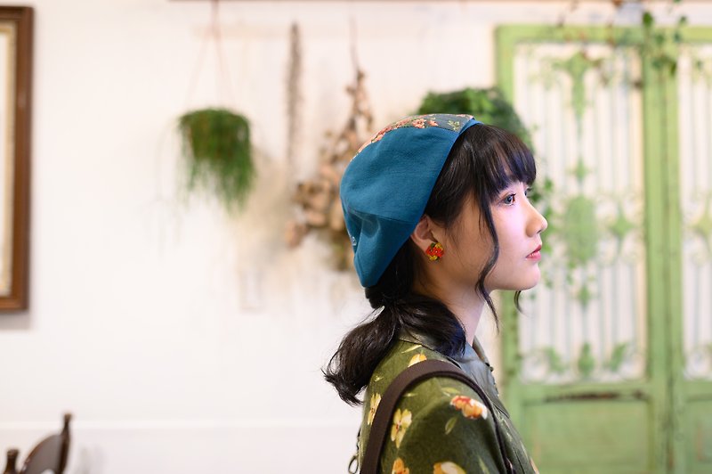 【莫内花园】手工印花贝蕾帽/贝雷帽/画家帽 - 帽子 - 棉．麻 绿色