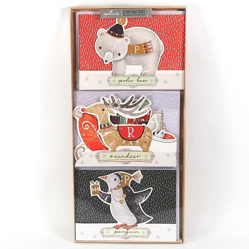 麋鹿企鹅熊 耶诞盒卡3款共12入【Hallmark-卡片 圣诞节系列】 - 卡片/明信片 - 纸 多色
