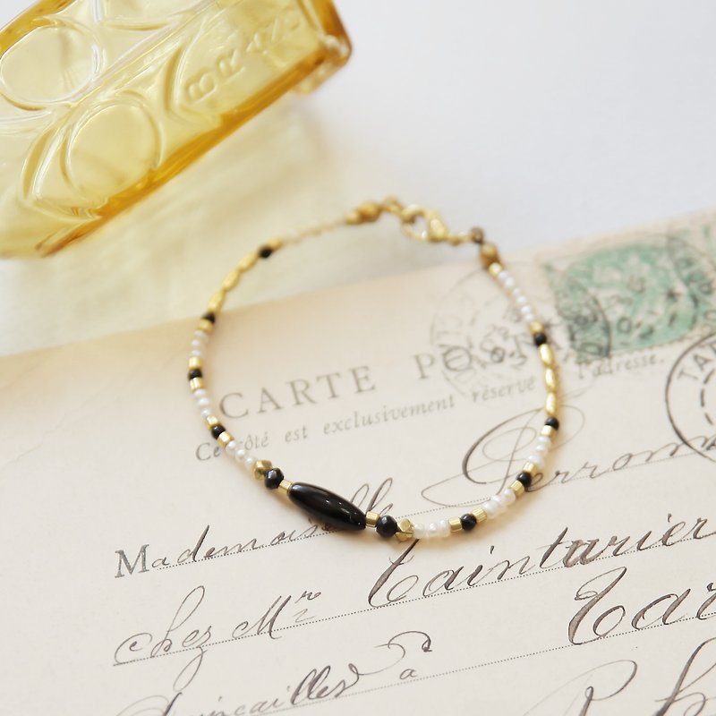 古典黑玛瑙珍珠设计黄铜手链 - 手链/手环 - 宝石 黑色