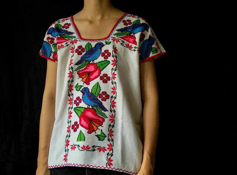 墨西哥花鸟刺绣短袖上衣 - 女装上衣 - 棉．麻 