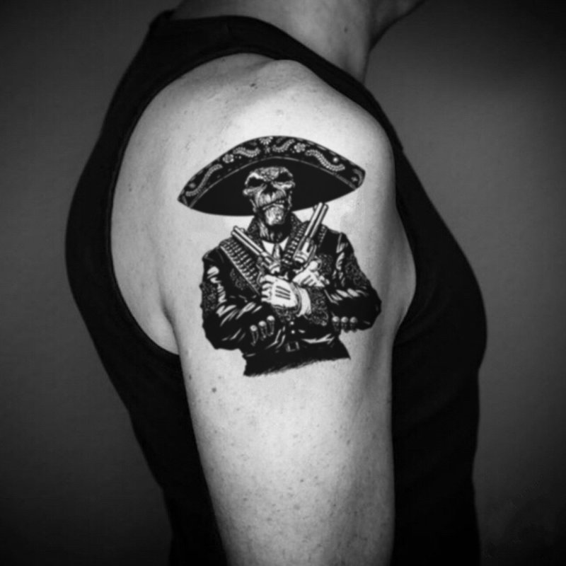 OhMyTat 墨西哥查罗骷髅头骨 Mexican Charro Skull 纹身贴纸 - 纹身贴 - 纸 黑色