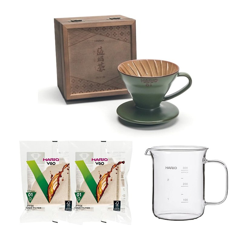 【HARIO】V60蓝媚茶01怀汝滤杯+咖啡壶+滤纸2包组 - 咖啡壶/周边 - 陶 绿色