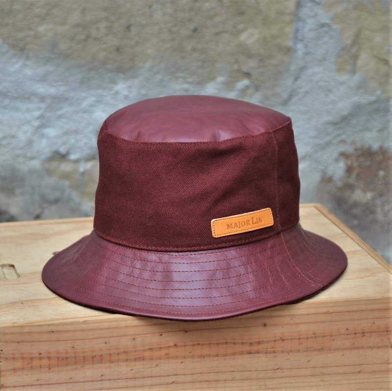 【秋冬新时尚】渔夫帽 MAJORLIN 真皮与酒袋布双料复古味 帽子 - 帽子 - 真皮 红色