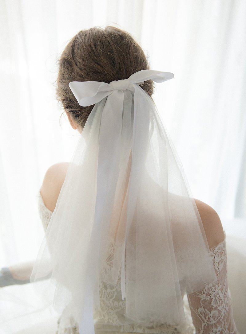 白色缎带蝴蝶结短款新娘头纱 发饰 头饰 - 发饰 - 聚酯纤维 