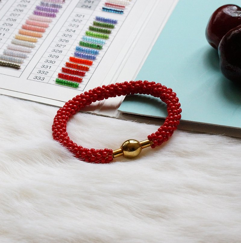Kumihimo手织日本玻璃珠 KTS-02 ( Handbraided Kumihimo Seed Beads Bracelet ) - 手链/手环 - 玻璃 红色
