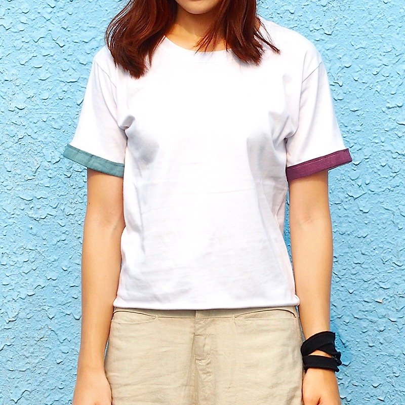 小牛村 女短袖 T-shirt 短版拼色【童趣时光】紫/湖水蓝 T-18  - 女装 T 恤 - 棉．麻 白色