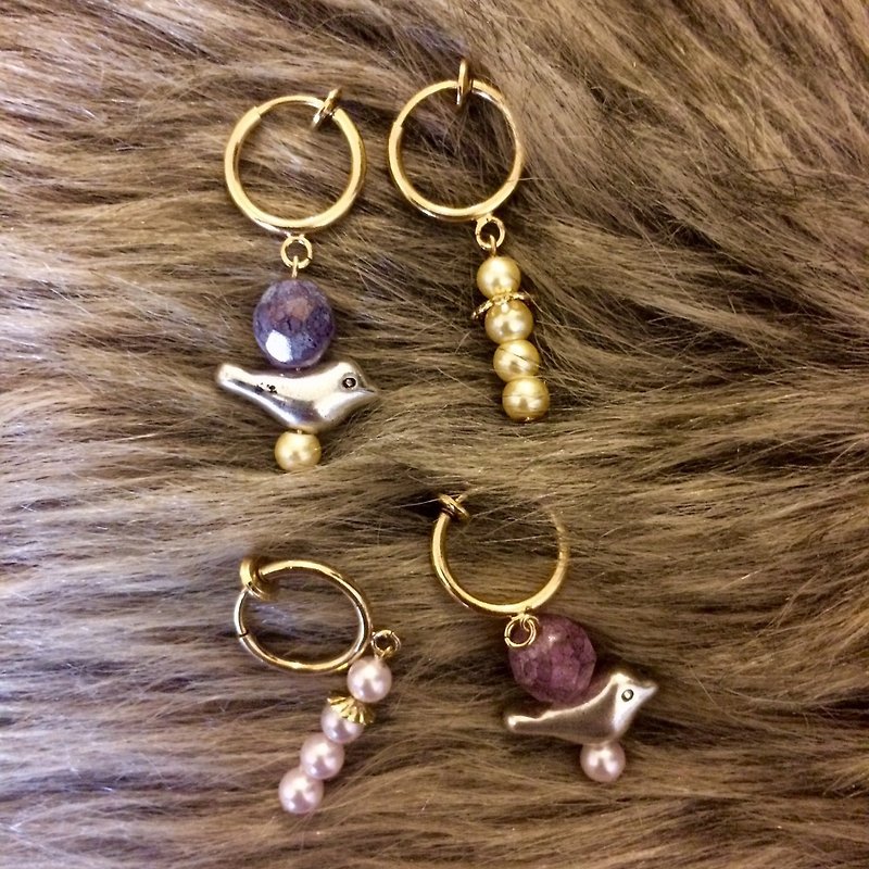 粉紫巢鸟儿耳环/对 - 耳环/耳夹 - 宝石 紫色