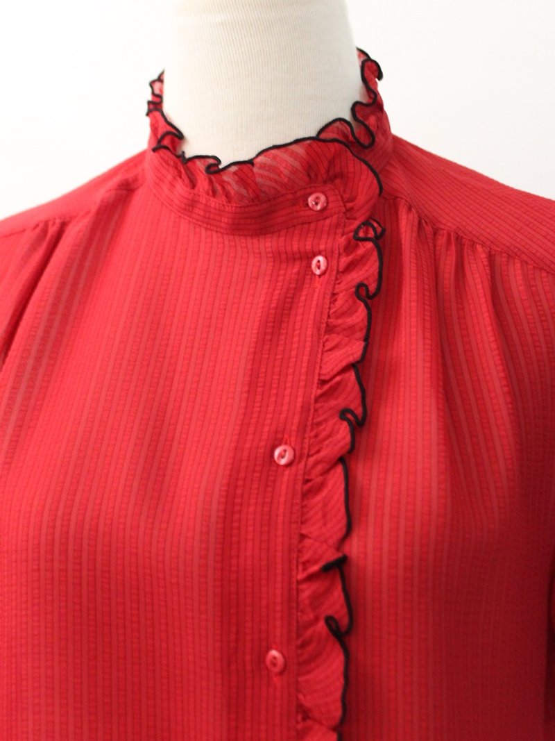 复古日本制红色条纹立领可爱短袖古着衬衫 Vintage Blouse - 女装衬衫 - 聚酯纤维 红色