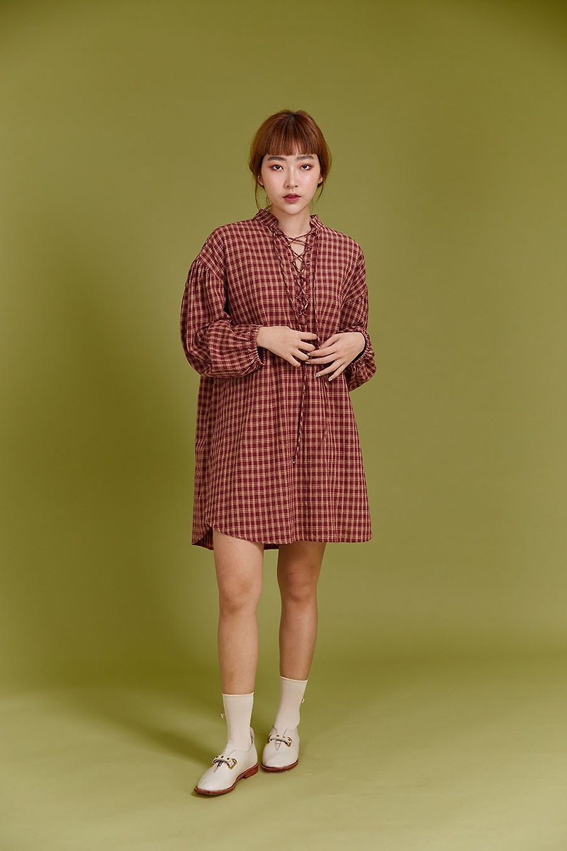Check balloon dress (maroon) - 洋装/连衣裙 - 棉．麻 红色