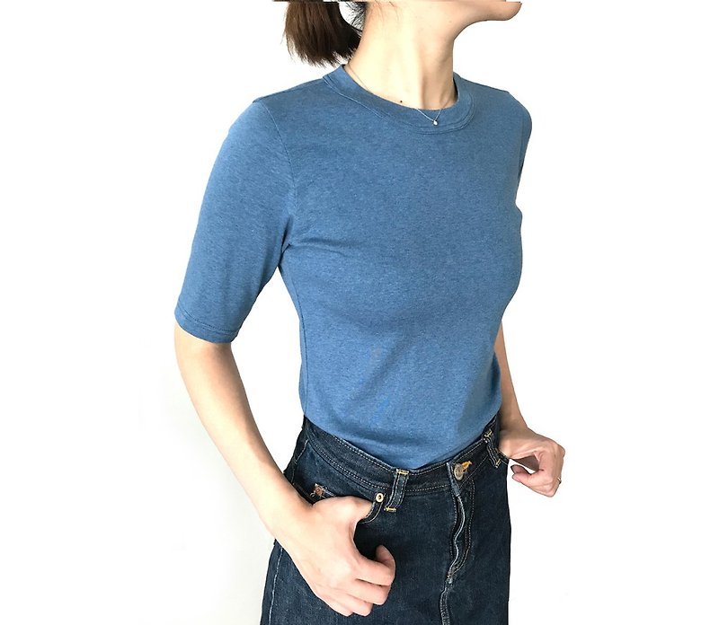 日本製オーガニックコットン 形にこだわった大人の4分袖無地Tシャツ アッシュブルー【サイズ展開有り】 - 女装 T 恤 - 棉．麻 蓝色