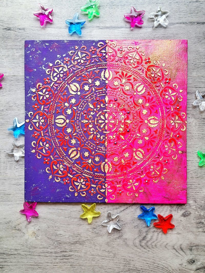 曼陀罗居住的宇宙和谐纹理吠陀绘画胶合板冥想 - 墙贴/壁贴 - 木头 粉红色