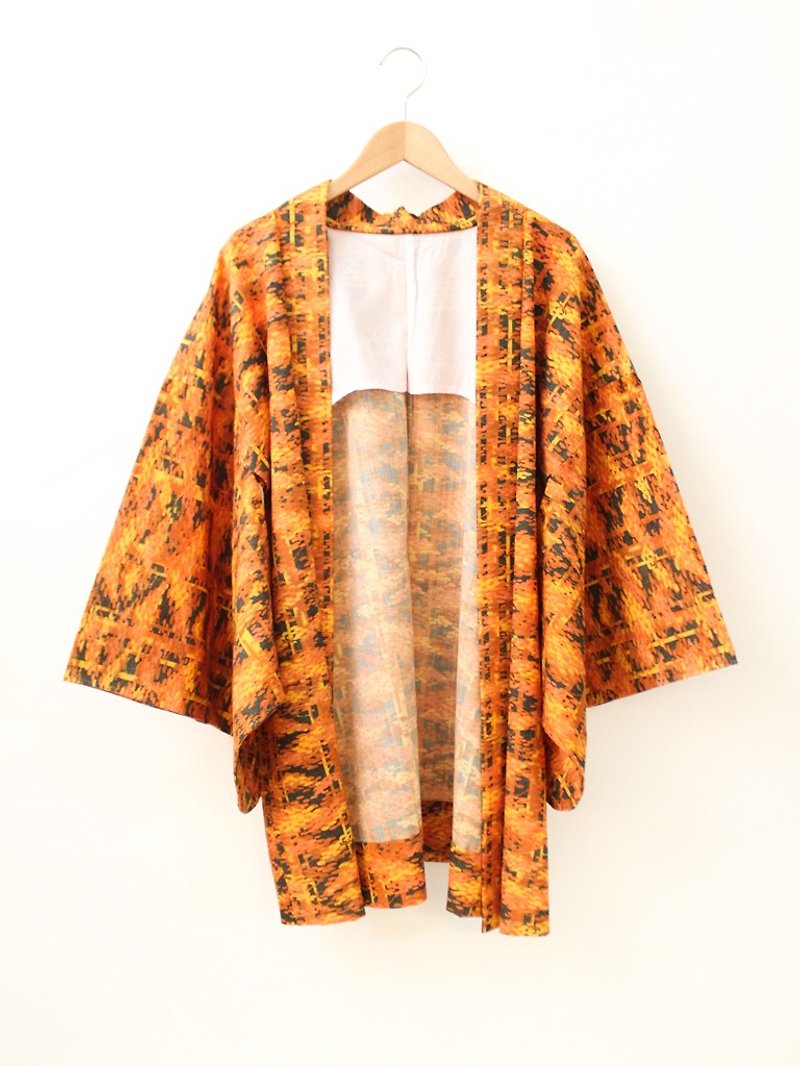 复古日本制橘色夜枫叶和风印花古着羽织和服外套罩衫开衫 Kimono - 女装休闲/机能外套 - 聚酯纤维 橘色