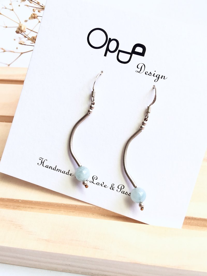 Ops Aquamarine  Silver earrings-海蓝宝/银管/手工/耳环/ - 耳环/耳夹 - 宝石 蓝色