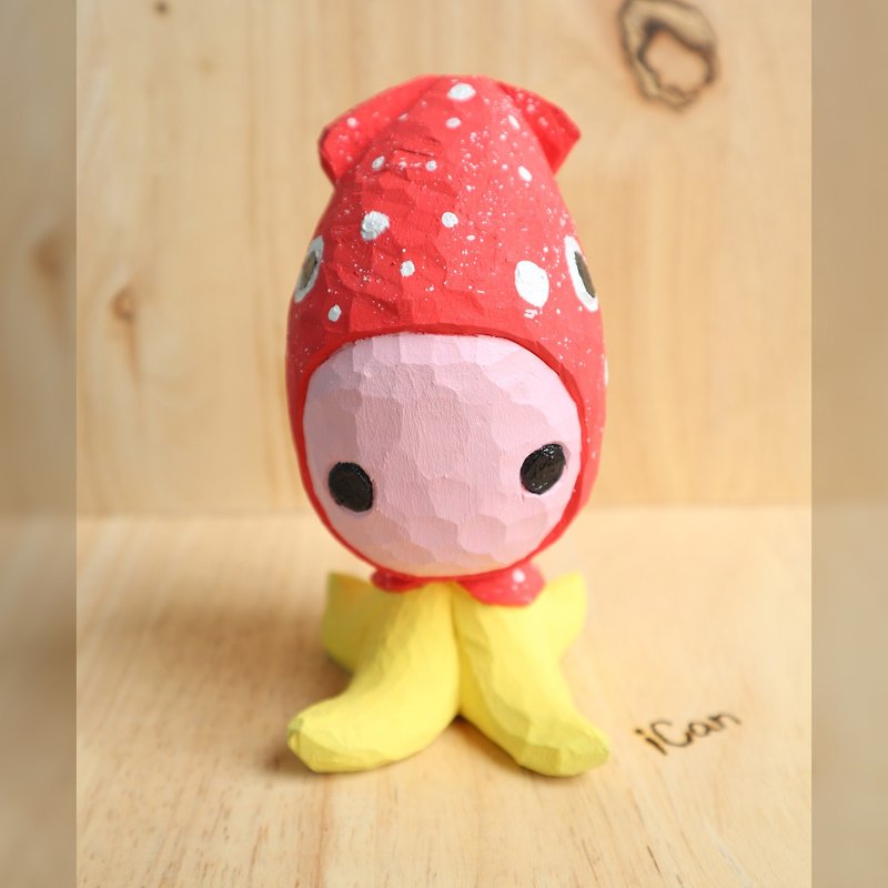 Little Squid Red Riding Hood Wood Carving,Carved from Pine wood ,Acrylic pain - 摆饰 - 木头 多色