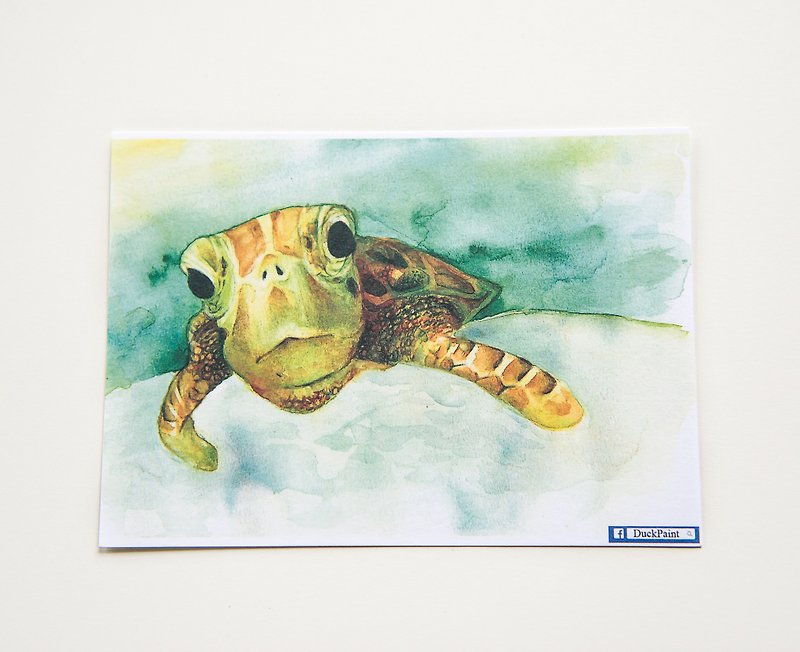 明信片Turtle swim海龟悠游。色铅笔水彩手绘tortoise postcard - 卡片/明信片 - 纸 绿色
