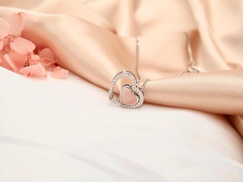 锆石 | 粉色玫瑰晶与 皓石925 纯银2合1 组合心形颈链。 - 项链 - 宝石 粉红色