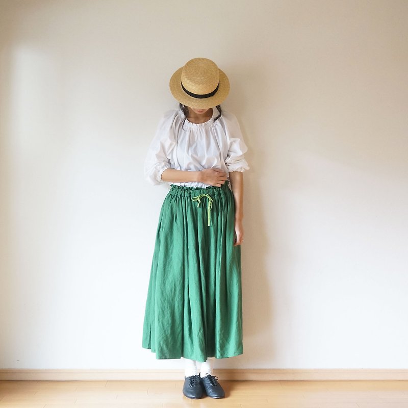 Linen waist gather skirt GREEN - 裙子 - 棉．麻 绿色