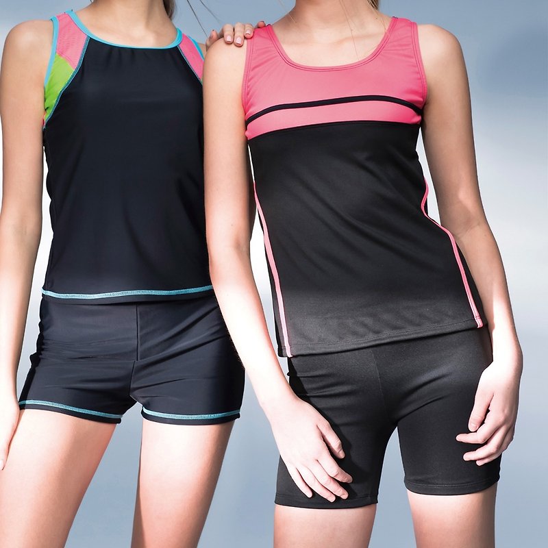 (图右)粉色拼接两截裤泳装(附衬垫及泳帽) - 女装泳衣/比基尼 - 尼龙 黑色