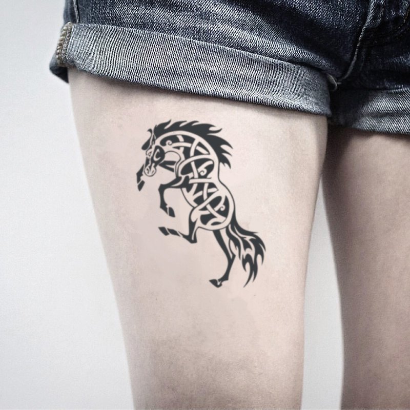 OhMyTat 凯尔特人马 Celtic Horse 刺青图案纹身贴纸 (2 张) - 纹身贴 - 纸 黑色