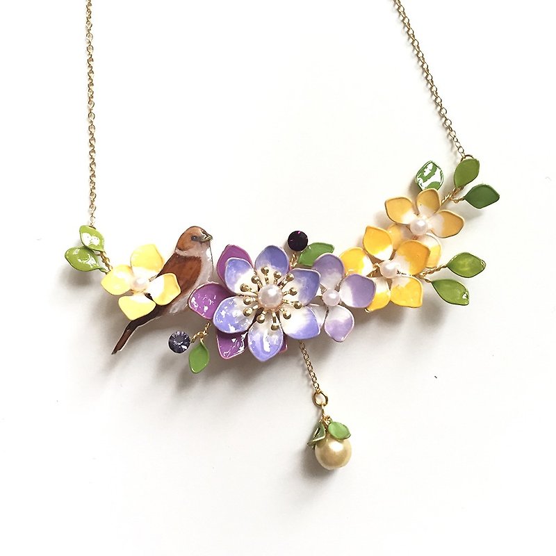 Aramore 紫黄系铜线花与小鸟垂吊珠颈链 - 颈链 - 其他材质 多色