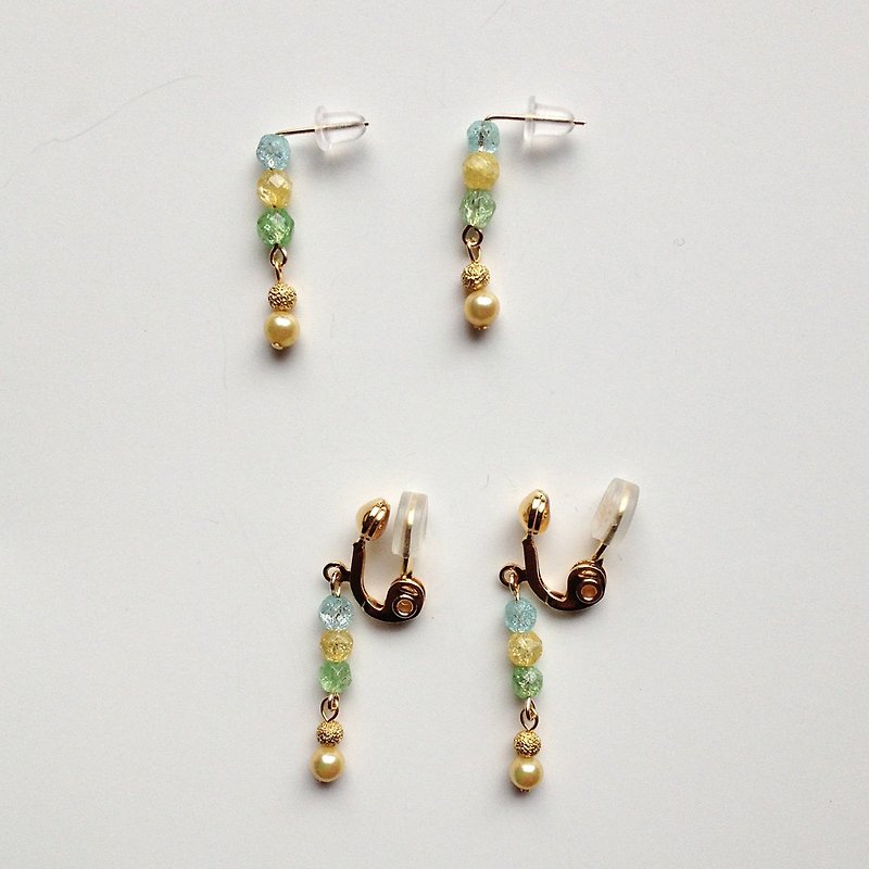 14kgf Crack Crystal and Vintage Pearl's Pain-Free Bar Earring / sax - 耳环/耳夹 - 宝石 粉红色