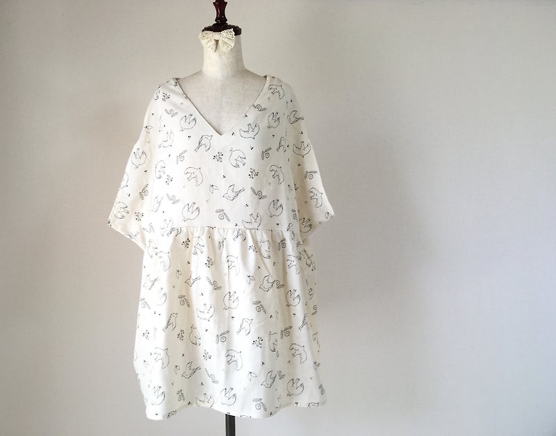 タンポポと小鳥のチュニックワンピース　オフホワイト - 洋装/连衣裙 - 棉．麻 白色
