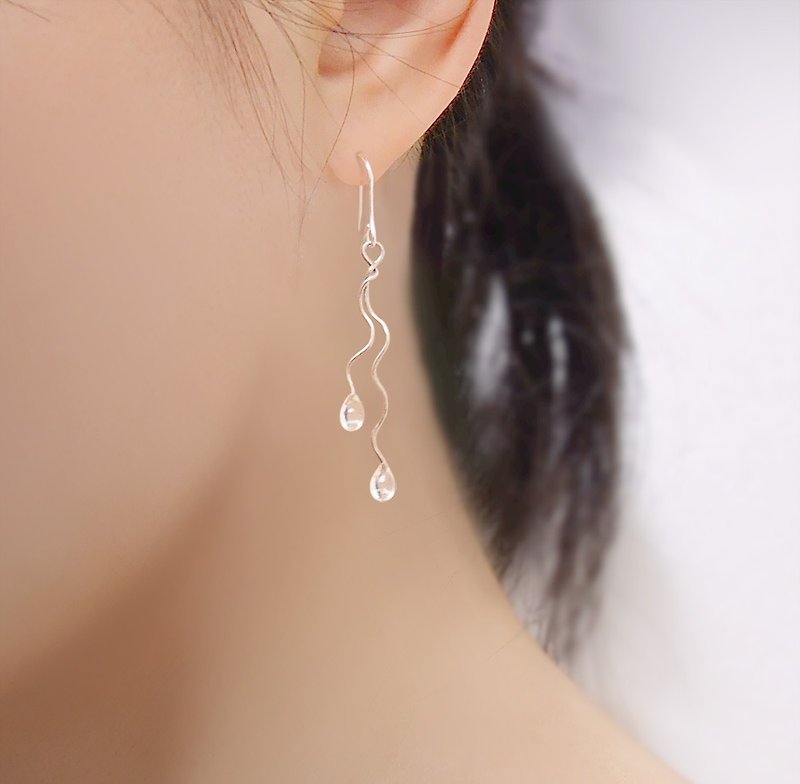 被雨淋湿的纯银耳钩/耳夹(透明小水滴.透蓝色大水滴,2色可选) - 耳环/耳夹 - 其他金属 银色