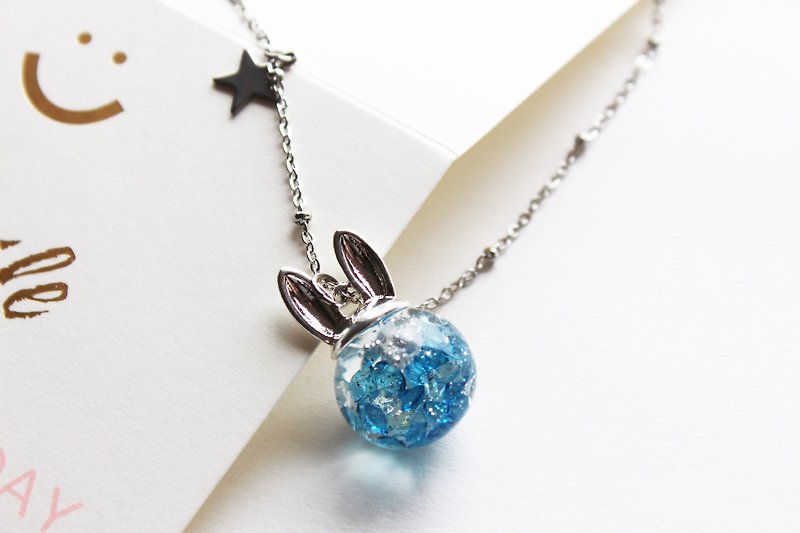 Rosy Garden 小兔子深蓝色水晶流动玻璃球项链 银色链 - 颈链 - 玻璃 蓝色