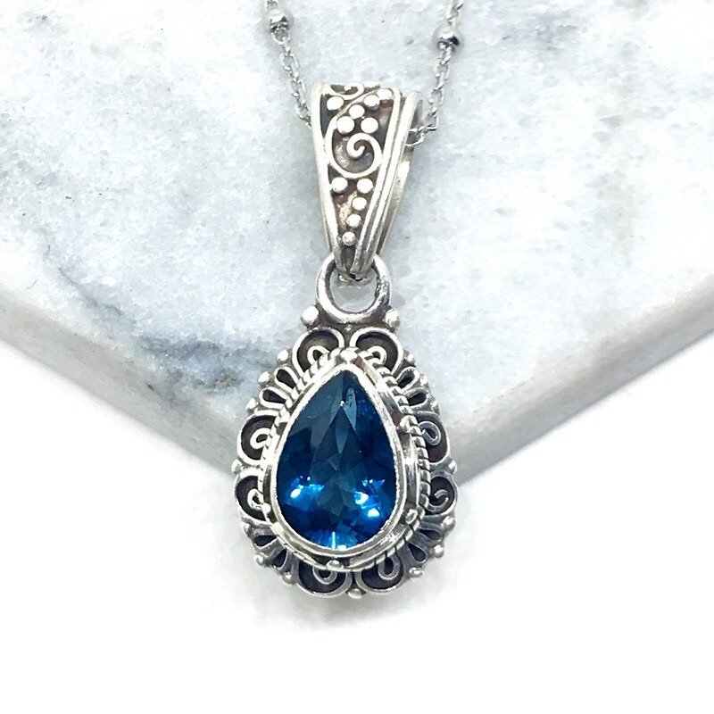 伦敦蓝托帕石925纯银典雅风格项链 尼泊尔手工镶嵌制作(款式1) - 项链 - 宝石 蓝色