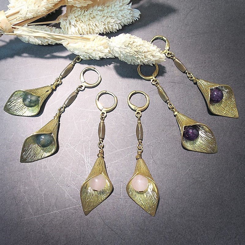 VIIART。叶间。紫水晶粉晶玛瑙黄铜复古风耳环-可改夹式 - 耳环/耳夹 - 铜/黄铜 绿色