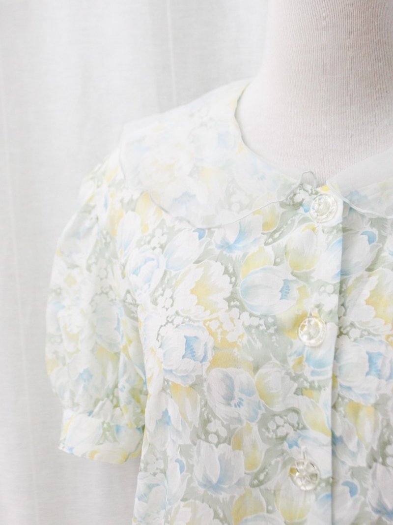 【RE0720T122】日本制森林系复古碎花镂空翻领短袖古着衬衫 - 女装衬衫 - 聚酯纤维 黄色