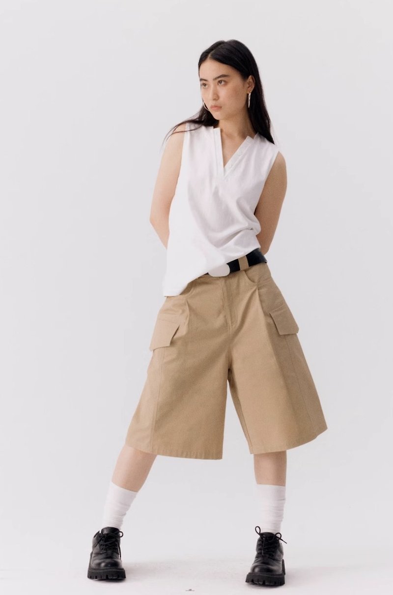 日系复古 中性寬鬆短裤 - 女装短裤 - 其他材质 卡其色