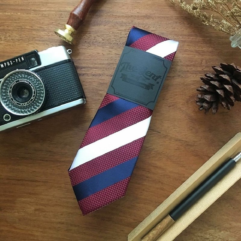 (THE GENT) Red Blue White Stripe Necktie - 领带/领带夹 - 棉．麻 红色